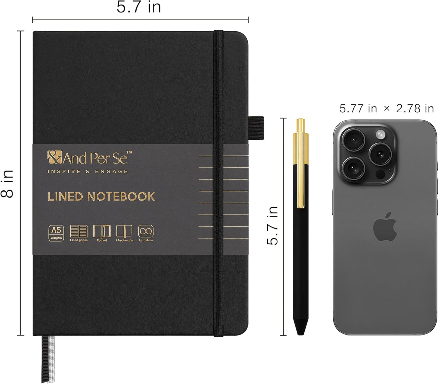 &And Per Se Lined Journal and Pen Set (3 packs), A5 Leather Journal Stationery Set, 160 Pages 100GSM Thick Paper, Notebook Gift Set (Black)