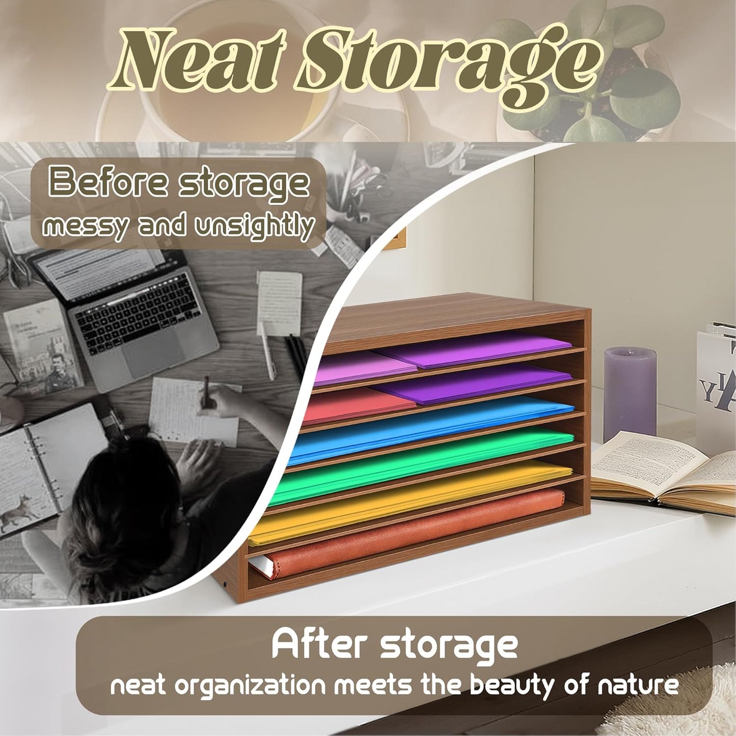 Prolee Construction Paper Organizer 20" x 13.5" x12.2",Soild Wooden Paper Organizer with 6-Tier Letter Trays, Desktop File Papers Sorter for Home, Classroom and Office (Walnut)