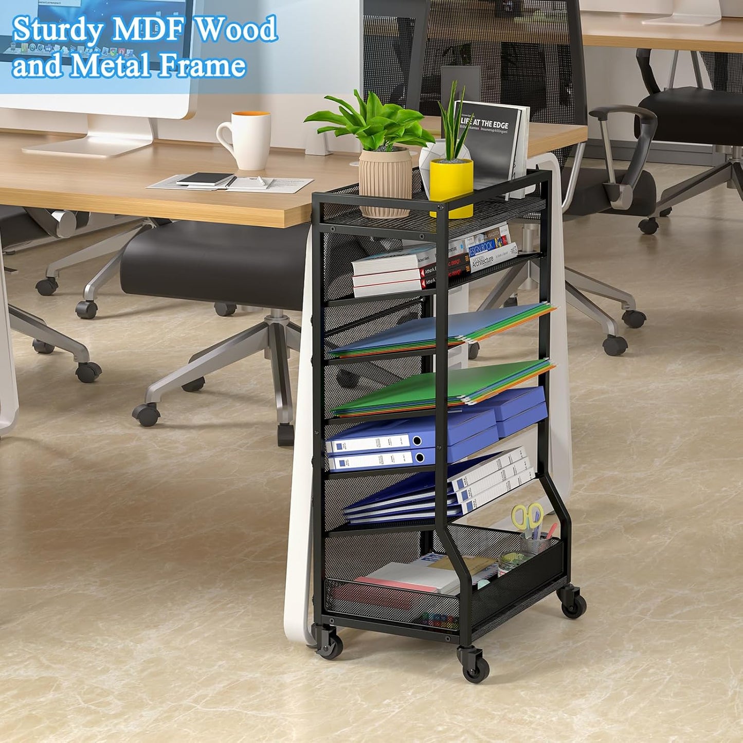 7 Tier Rolling File Cart with Sliding Trays, Wood Metal File Organizer Beside Desk, Free-Standing File Holder, Paper Letter Tray Organizer Mesh Desk Organizer for Home Office School (Patent)