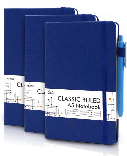 feela 3 Pack Notebooks Journals Bulk with 3 Black Pens, A5 Hardcover Notebook Classic Ruled Lined Journal Set with Pen Holder for Work Business Journaling Note Taking, 120 GSM, 5.1”x8.3”, Navy