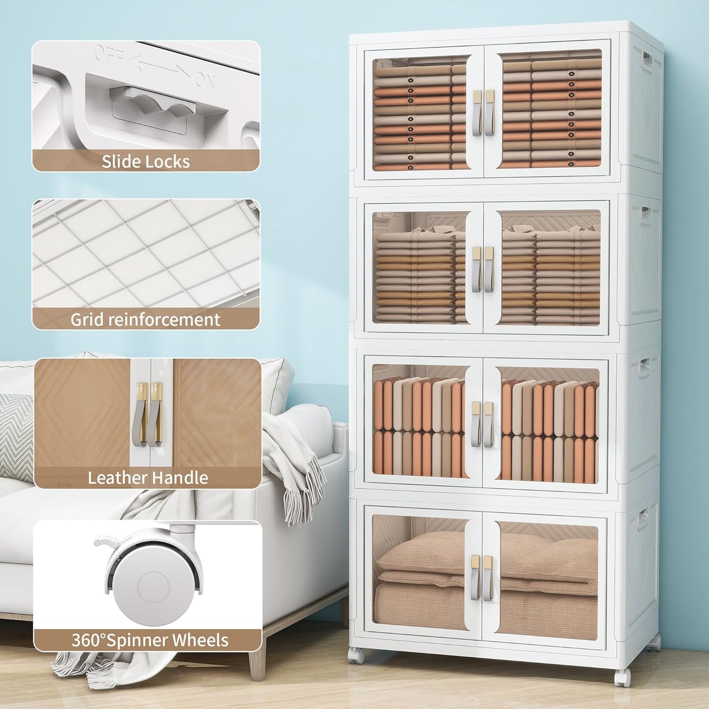 Large Stackable Storage Bins with Lids, 660QT-165QT*4Tier Foldable Cabinet for Closet Organizers, Plastic Storage Containers Box with Wheels