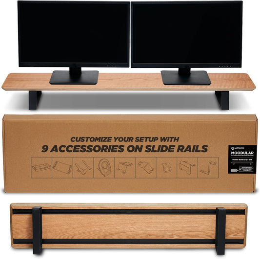 Moodular Wooden Monitor Stand 45.6” (116cm) Large Desk Organizer with Metal Slide Rails for Drawer, Tray, Laptop, Tablet, Phone & Headphones Customizable Riser for Organized Workspace Oak