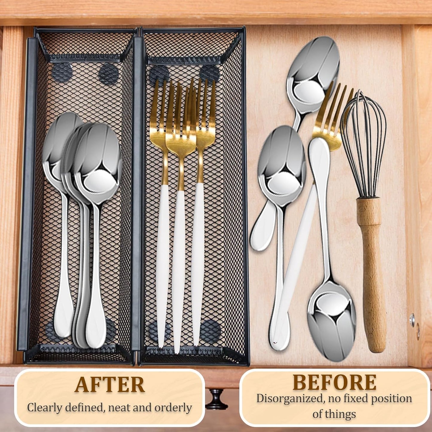 2PCS Drawer Organizer for Kitchen,Utensil Mesh Drawer Organizer with Interlocking Arm for Cosmetic,Flatware,Pen (9 * 3 * 2 Inches,Black)