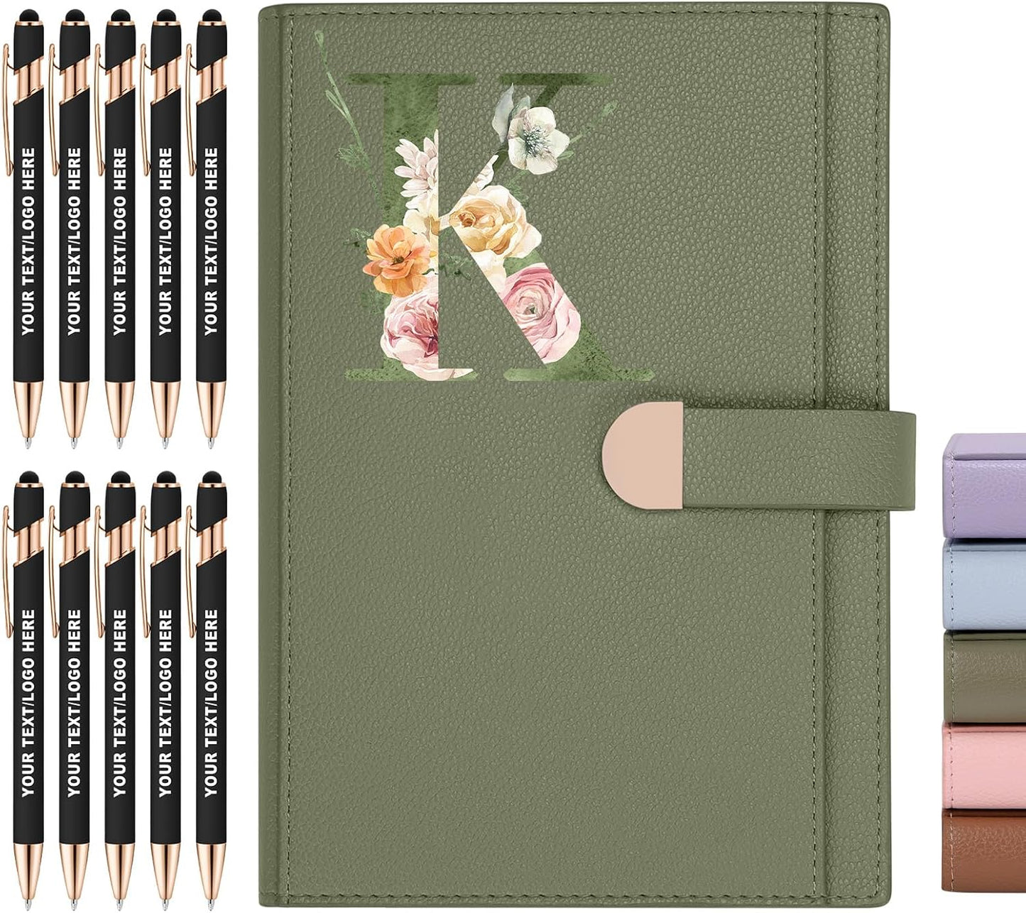 ENOMY Personalized Notebook &10 PC Stylus Pens Custom A5 Notebook with Storage Pocket Personalized Journal with Magnetic Closure for College Holiday Office Business Gift, Green