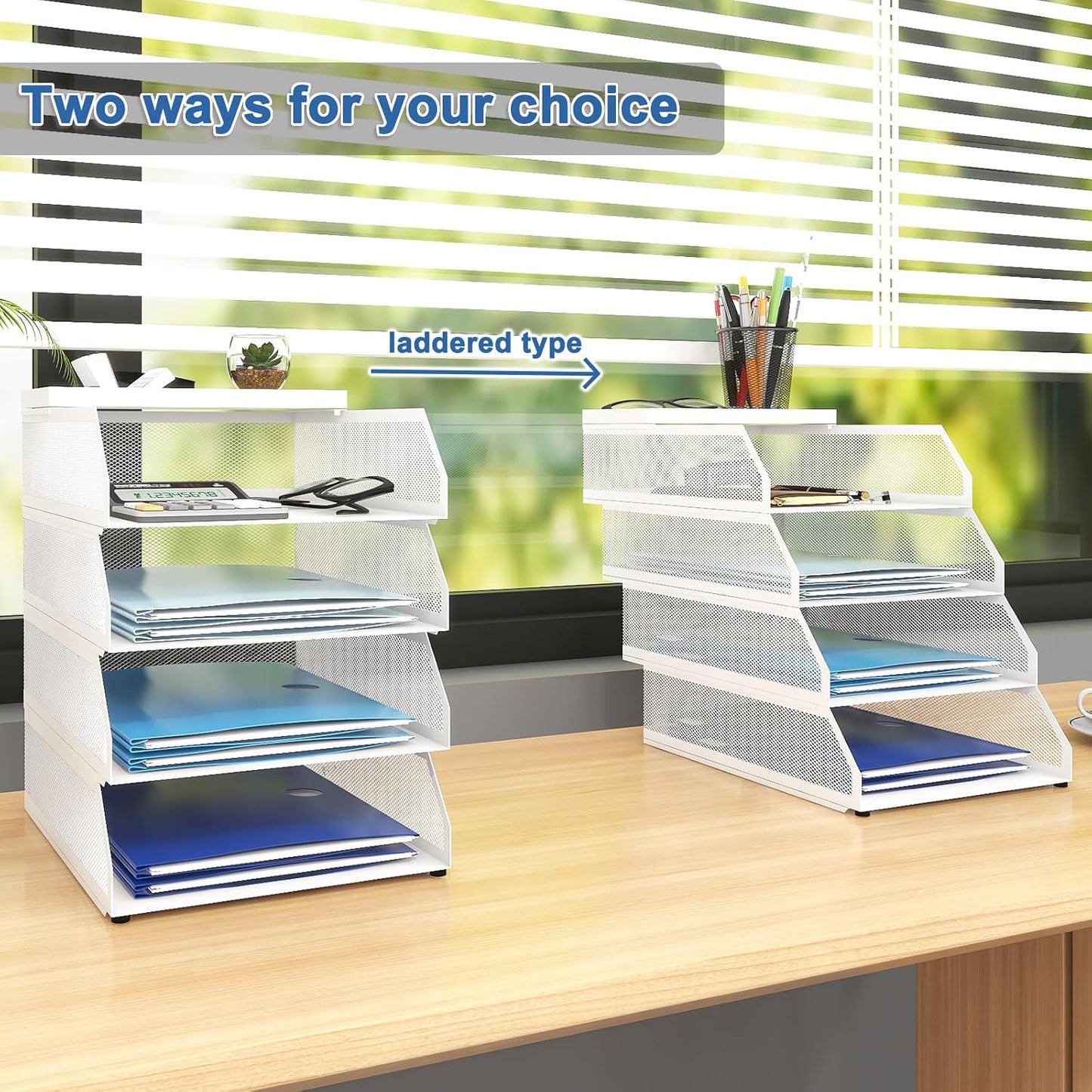 Natwind 4-Tier Stackable Paper Tray, Metal Mesh Desktop Organizer, Paper Sorter, Letter Trays,File Document Storage Rack for for Home, Office, School (White)