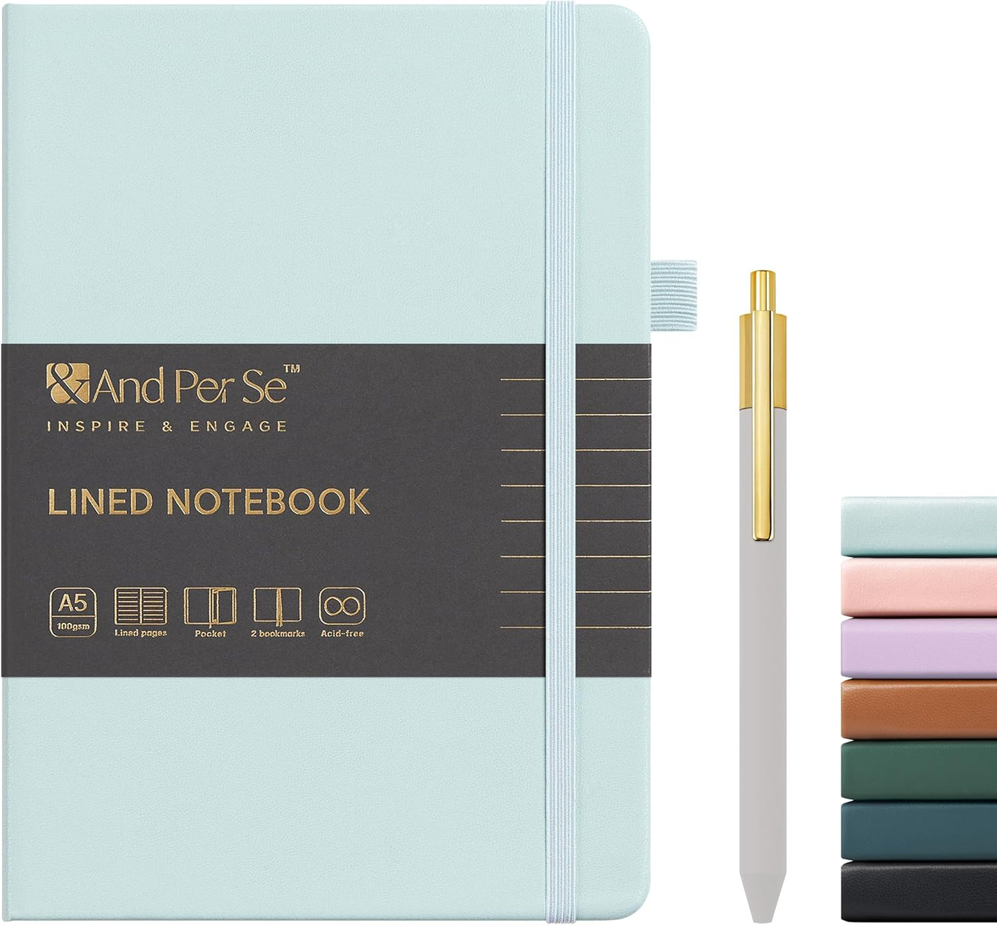 &And Per Se Lined Journal and Pen Set, A5 Leather Journal Stationery Set, 160 Pages 100GSM Thick Paper, Notebook Gift Set (Cyan-Set1)