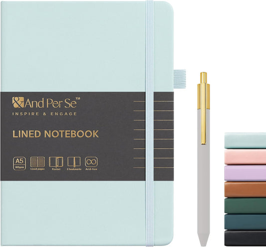 &And Per Se Lined Journal and Pen Set, A5 Leather Journal Stationery Set, 160 Pages 100GSM Thick Paper, Notebook Gift Set (Cyan-Set1)