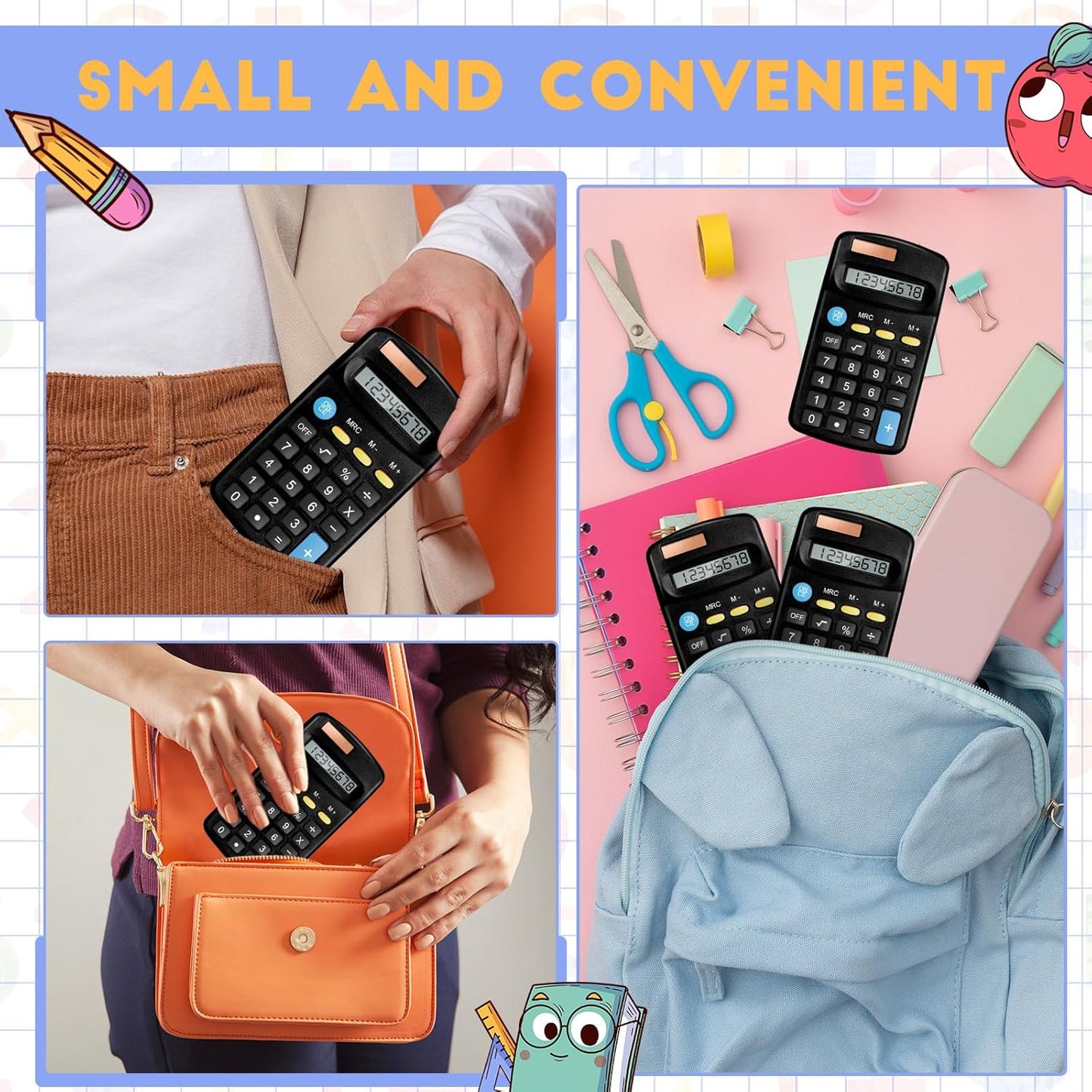 36 Packs Pocket Size Mini Black Calculator Basic Calculators for Handheld Angled Students 8 Digit Display Solar Battery Dual Power Small Calculator for Students Kids Home Office