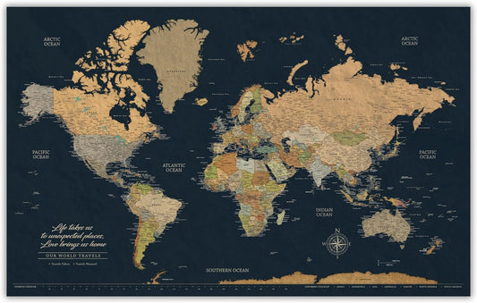 HolyCowCanvas Personalized Push Pin World Map on Canvas in Classic Earth Tones on Navy Background, World Map Pin Board, Travel Tracker to Mark Places Traveled (60x40, Floating Frame)
