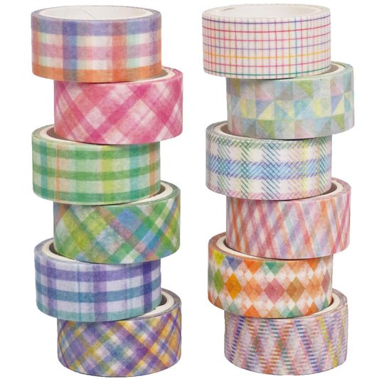 YUBX Basic Grid Washi Tape Set 12 Rolls Plaid Decorative Masking Tapes for Arts, DIY Crafts, Journals, Planners, Scrapbook, Wrapping (Colored)