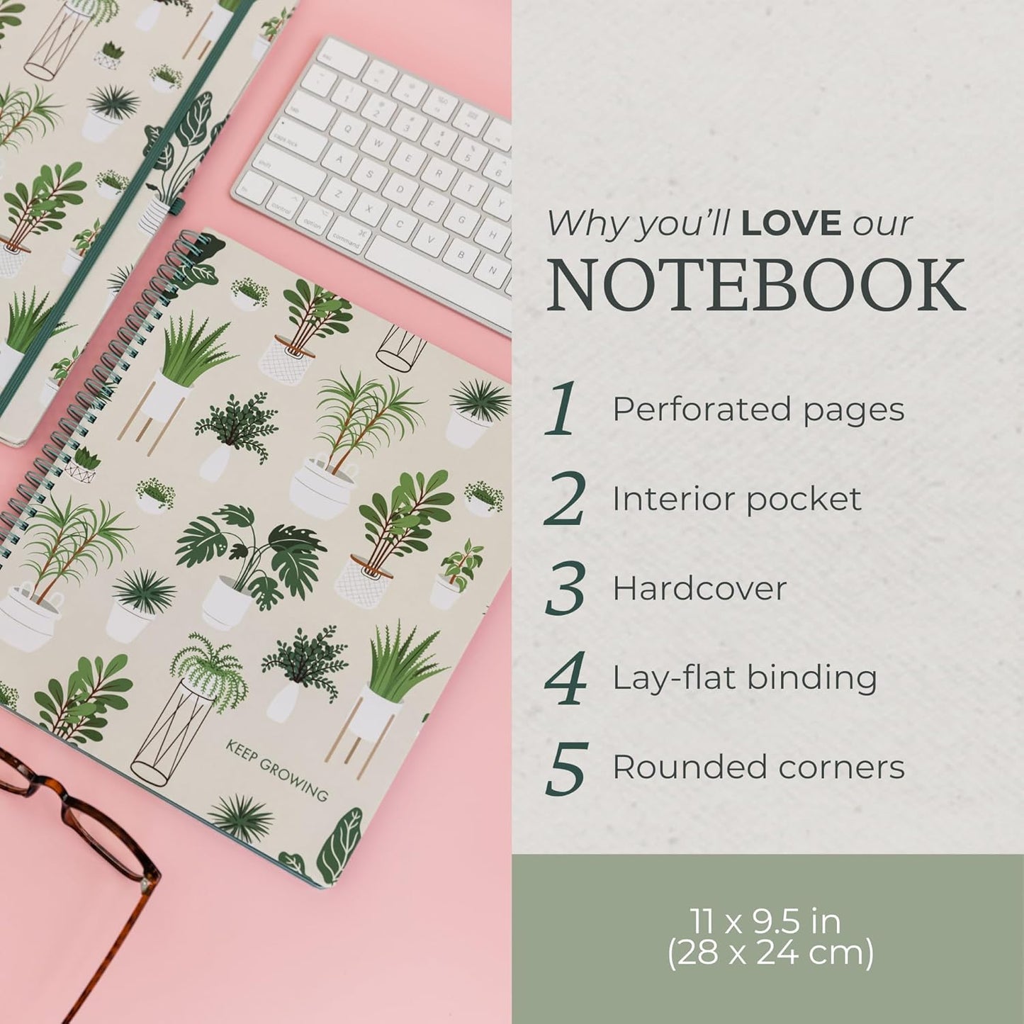 Steel Mill & Co Cute Large Spiral Notebook College Ruled, 11" x 9.5" with Durable Hardcover and 160 Lined Pages (Sage Plants)