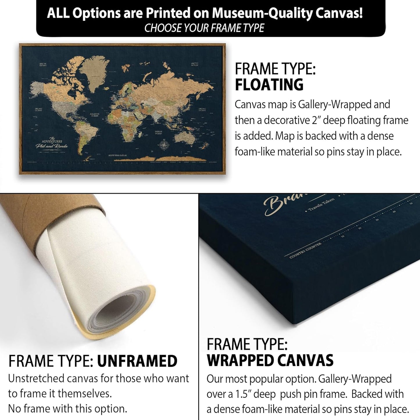 HolyCowCanvas Personalized Push Pin World Map on Canvas in Classic Earth Tones on Navy Background, World Map Pin Board, Travel Tracker to Mark Places Traveled (60x40, Gallery Wrapped Canvas)