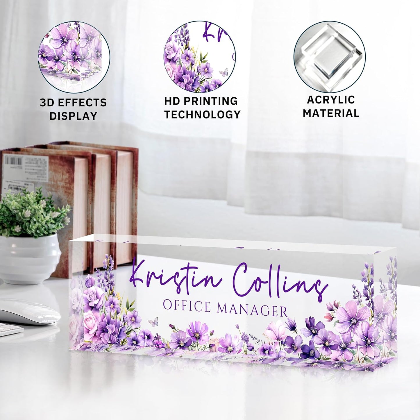 Custom Name Plate for Desk, Personalized Desk Name Plate on Clear Acrylic Glass, Appreciation Gifts for Teacher Employee Boss Coworkers Nurse, Office Desk Accessories for Women Men (Eggplant)