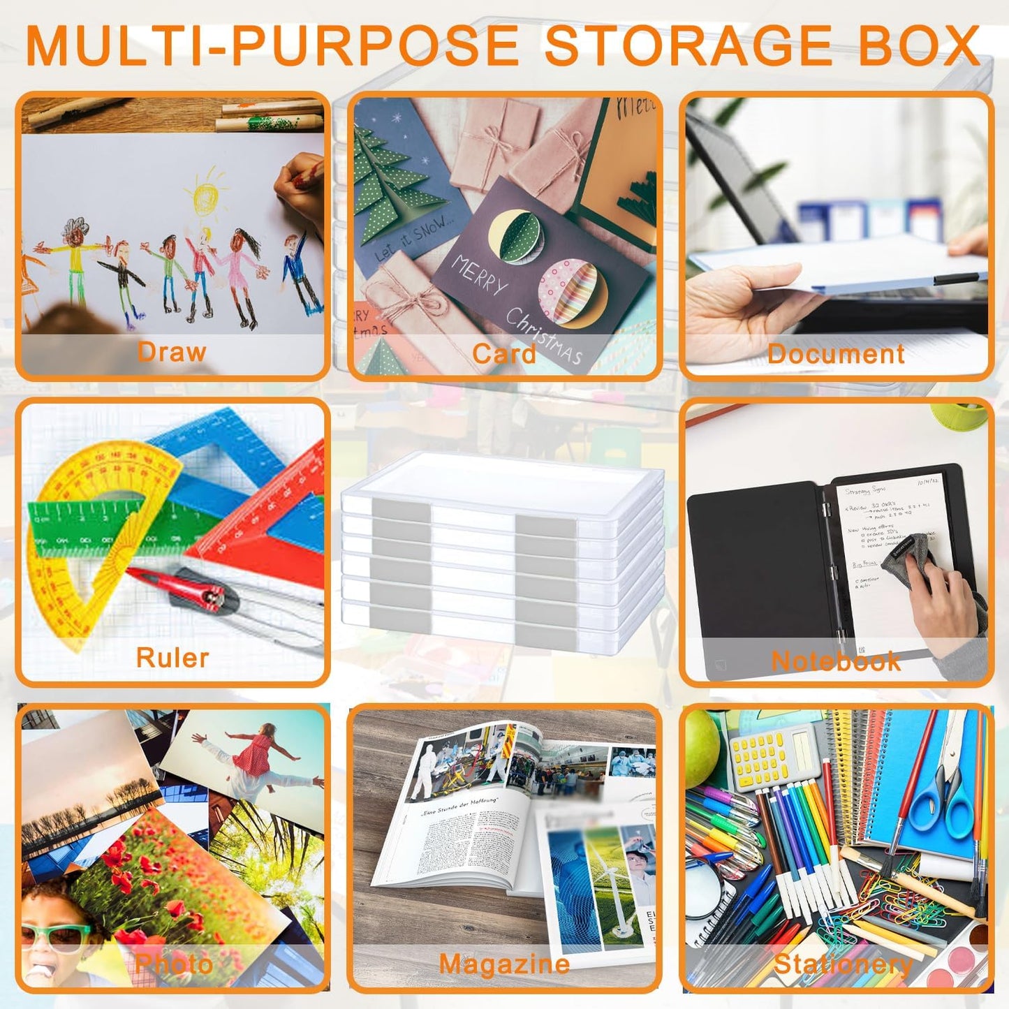 6 Pcs Clear A4 File Portable Project Case, Plastic Storage Box for 8.5" x 11" Letter Paper, Scrapbook Paper Storage Boxes Documents Magazines Holder