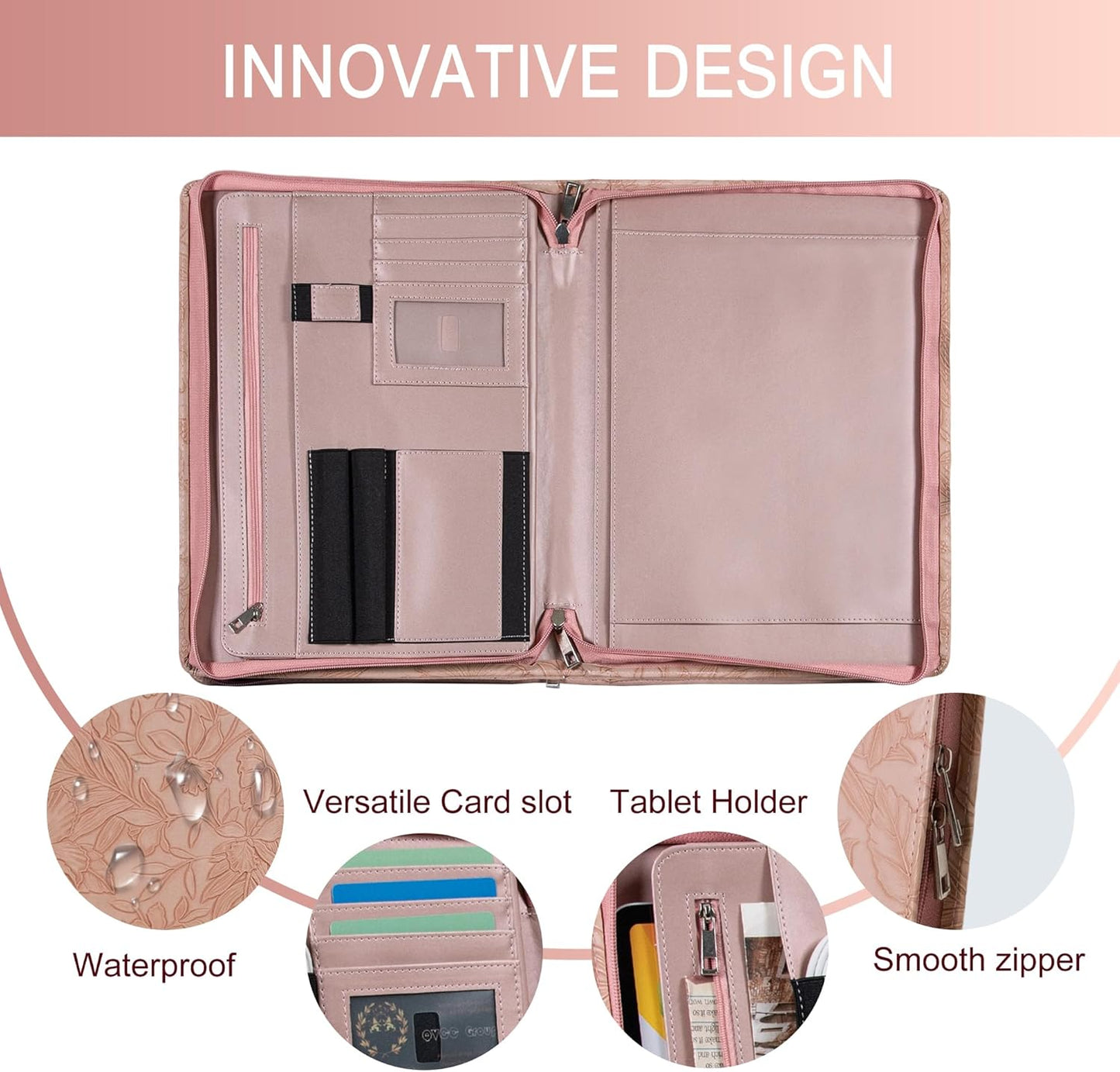 Generic Zippered Leather Padfolio Portfolio with Hidden Handle and Clipboard, Business Conference Organizer Notepad Folder, Portfolio Bag, Padfolio for Women/Men (Pink)