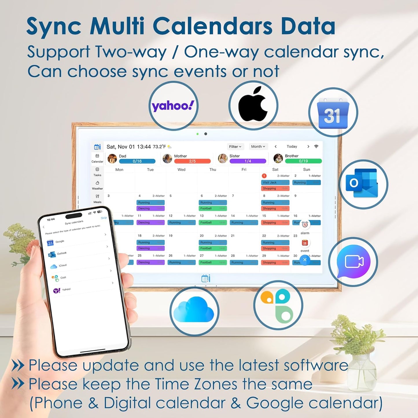 USIN 15.6 inch Wooden Digital Calendar, Wall Touch Screen Home Organizor, Family Chore Charts and Meal Planner, Interactive Display schedule, Desk and Wall Mounted, Electronic Calendars with Free App