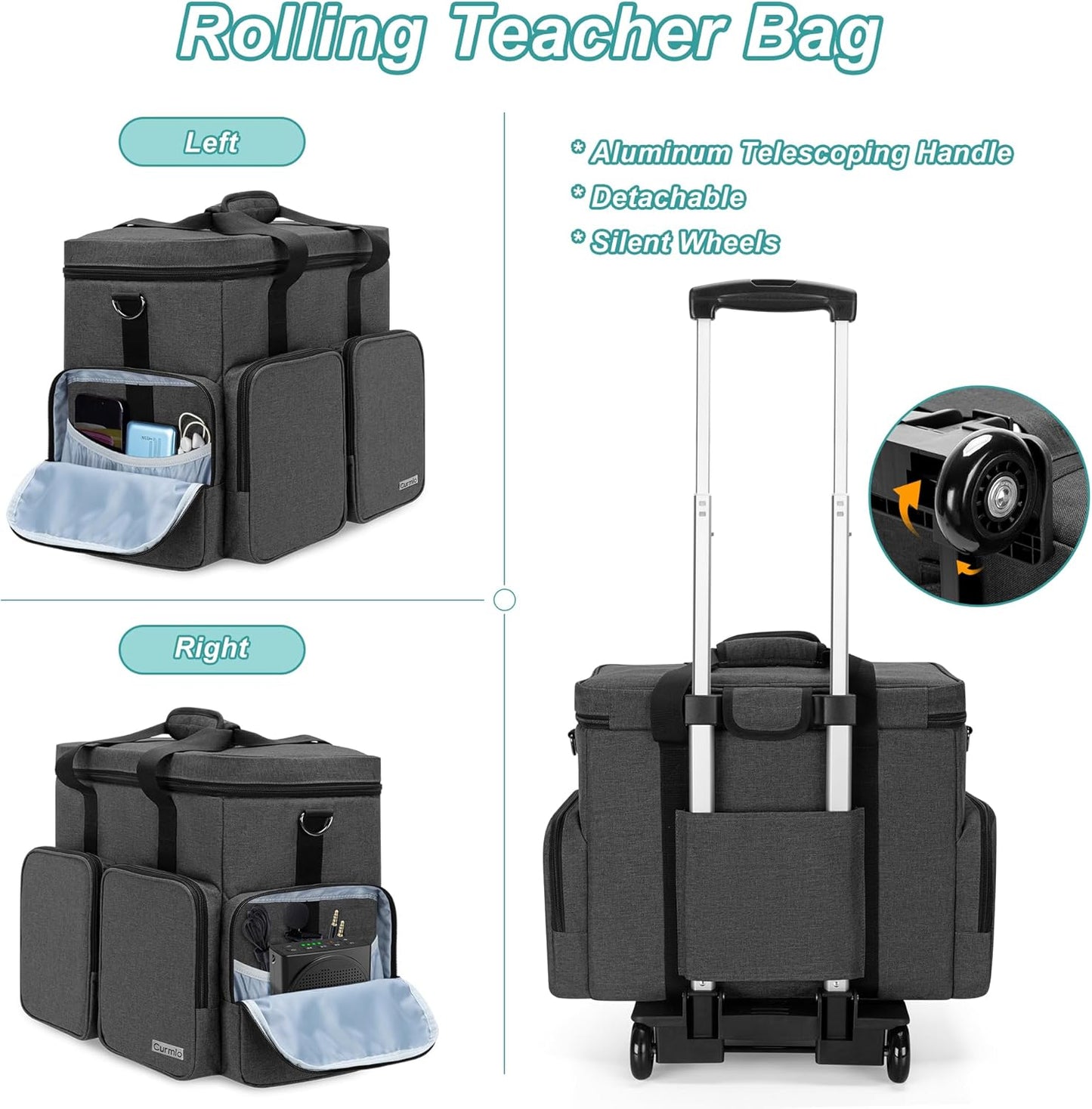 CURMIO Rolling Teacher Tote Bag with Padded Laptop Compartment for up to 15.6 Inches Laptop, Wheeled Teacher Bag for Teaching, Office, Craft, Black