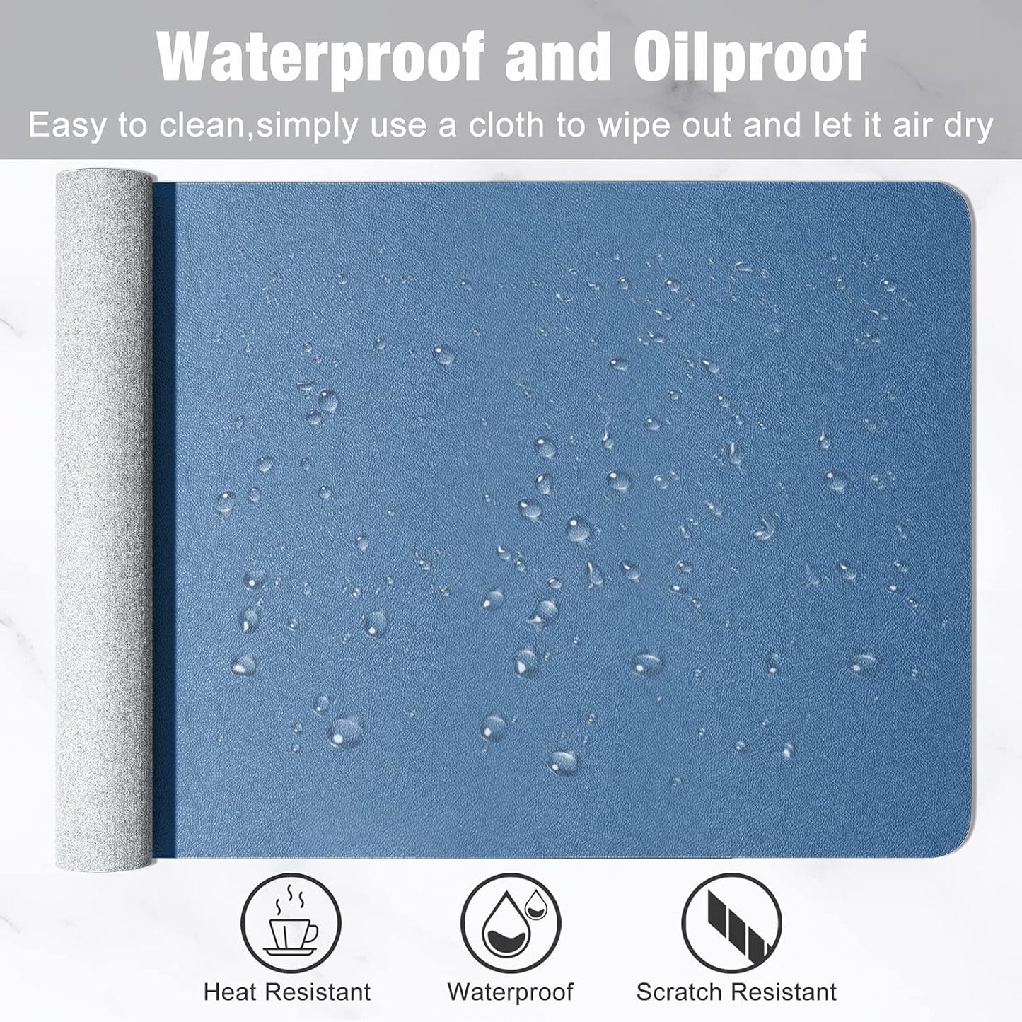 Hsurbtra Desk Pad, 35.5" x 17" PU Leather Desk Mat, XXL Extended Mouse Pad, Waterproof Desktop Blotter Protector, Non-Slip Ultra Thin Large Laptop Keyboard Writing Mat for Office Home, Dark Blue