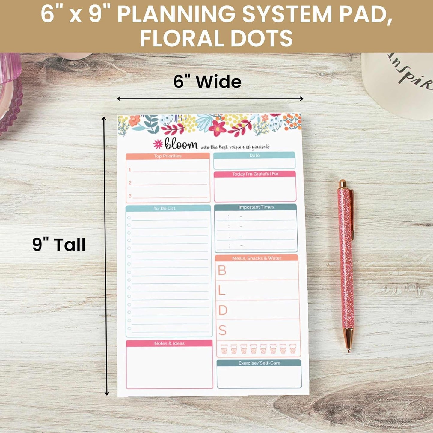 bloom daily planners Daily Planning System Tear Off to-Do Pad - Undated Checklist Notepad Organizer with Perforated Sheets - 6" x 9" (Floral Dots)