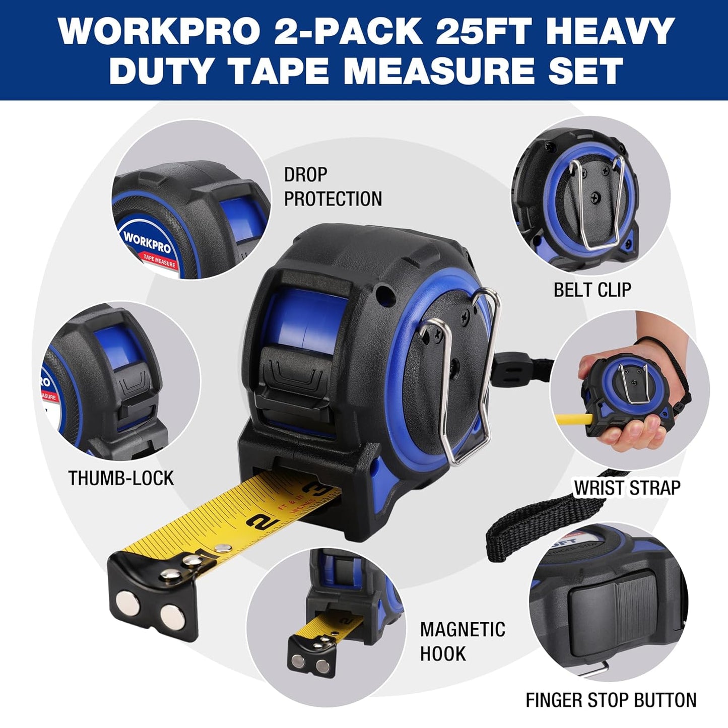 WORKPRO Heavy Duty Tape Measure, 2 Pcs 25FT Retractable Tape Measurement, Double Retract Long Stand Measuring Tape Accuracy 1/32 for Engineer, with Magnetic Hook, Belt Clip, Rubber Protective Casing