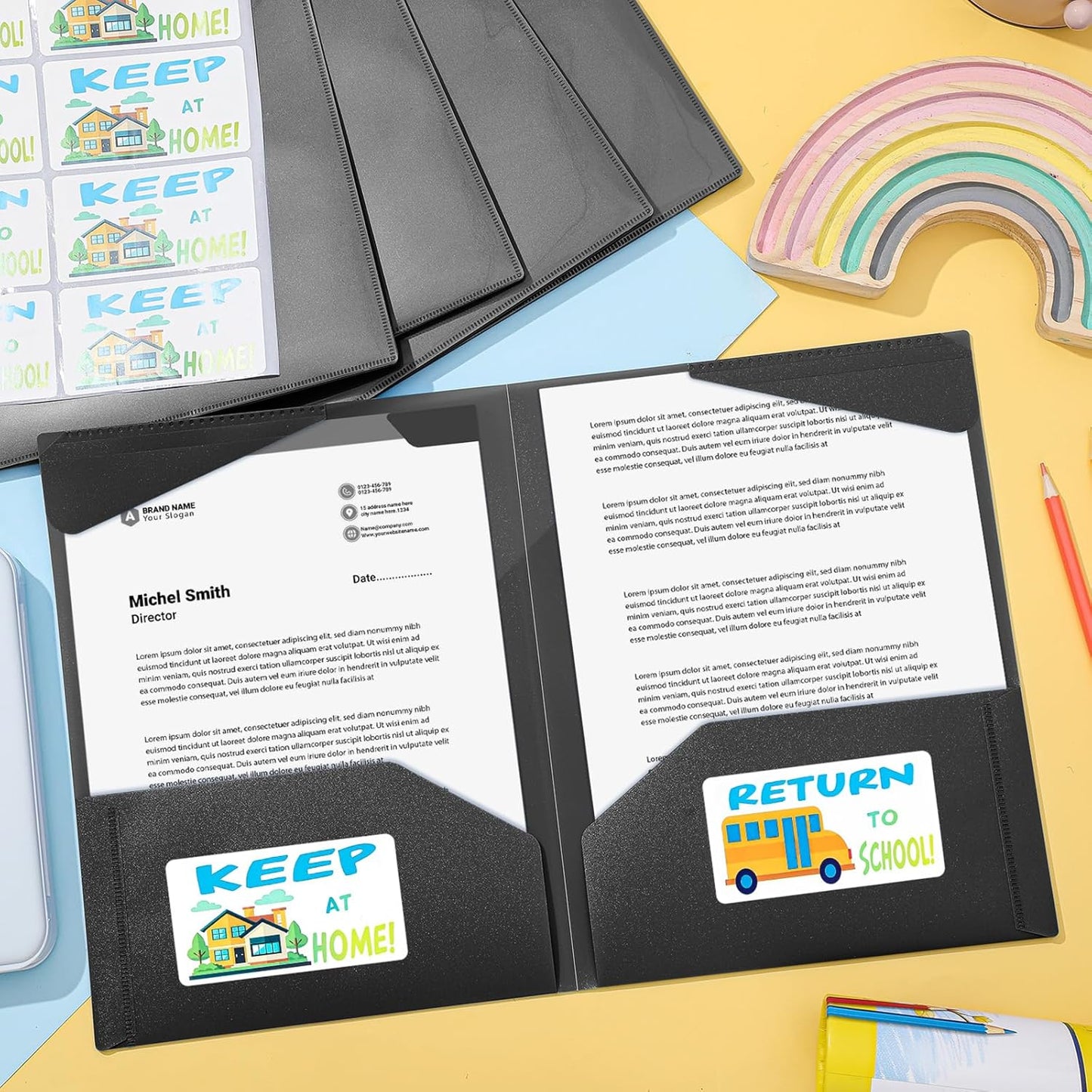 Henoyso 24 Set Parent Teacher Communication Folder with Clear Front Pocket Take Home Heavy Duty 2 Pocket Homework Folder for Student with School and Home Stickers, 12 x 9.45 Inch(Black)