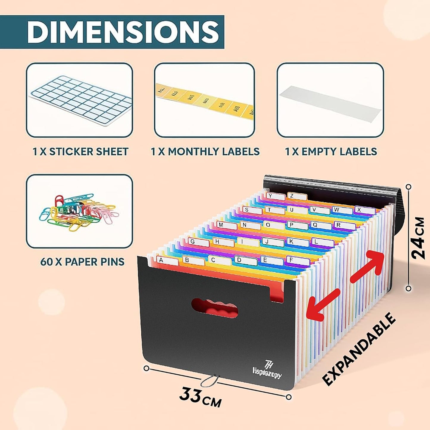 Plastic Accordion File Organizer, 26 Pockets Expandable File Folder Organizer, A4 Letter Size Filing Organizer with Colorful Tabs, Elastic Cord, 60 Paper Clip, Label & Stickers for Office School Home