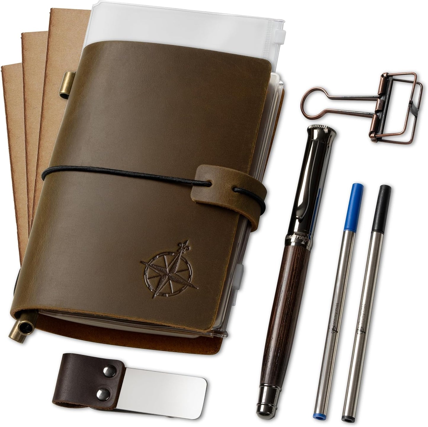WANDERINGS Pocket Notebook Bundle - 4" x 5.1" / 10cm x 13cm - Small, Passport Size Refillable Travelers Notebook - Includes a Pen Holder with a Pen, 2 extra Ink Refills, a PVC Folder, Binder Clip