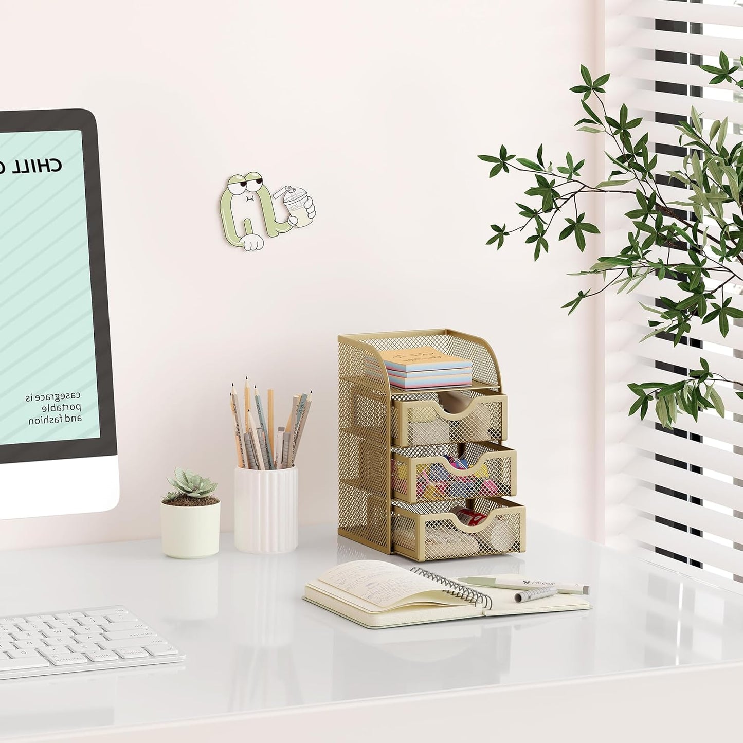 EasyPAG Mesh Desk Organizer with 3 Drawer Office Desktop Organizers and Accessories Stationery Caddy for Office, Home, Students, Gold