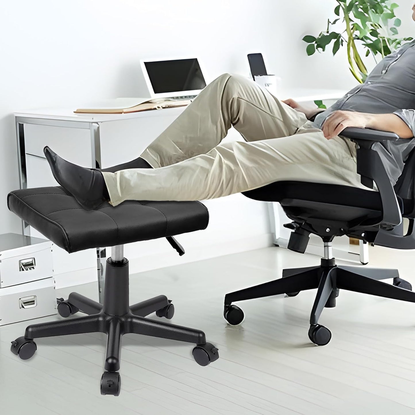 Real Leather Tall Foot Stool, Adjustable Leg Rest Ottoman Footrest with Wheels & Thick Padding, Ergonomic Footrest for Office & Gaming Chairs - Height 14.6-19.6 Inch, Lockable 360-Degree Casters