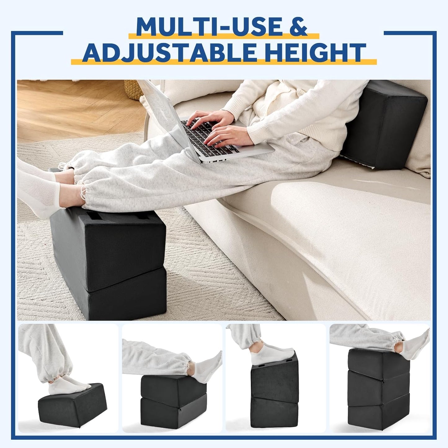 Foot Rest for Under Desk at Work, Adjustable Footrest for Office Chair & Gaming Chair,Ergonomic Footrest Pillow Desk Foot Stool with Washable Cover for Home, Airplane, Travel (Black)