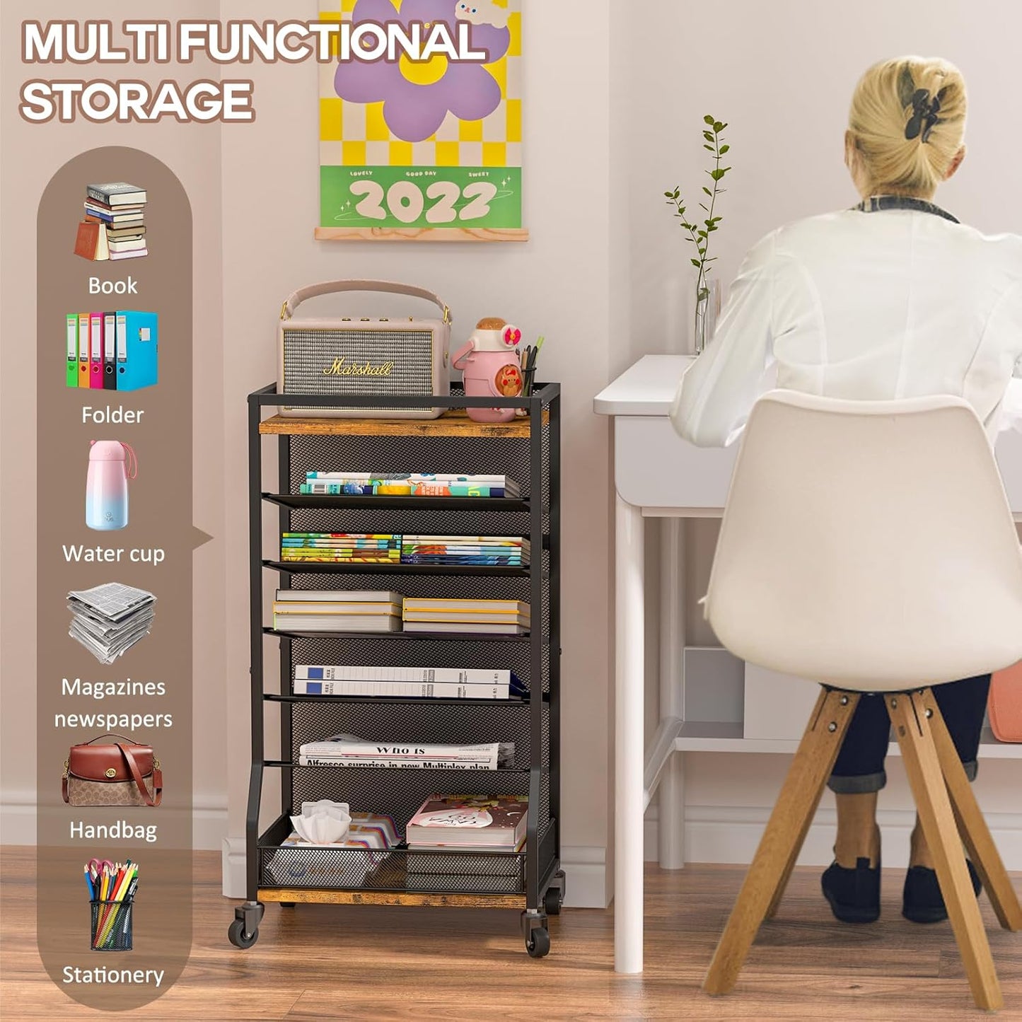 7 Tier Rolling File Cart with Sliding Trays, Wood Metal File Organizer Beside Desk, Free-Standing File Holder, Paper Letter Tray Organizer Mesh Desk Organizer for Home Office School (Patent)