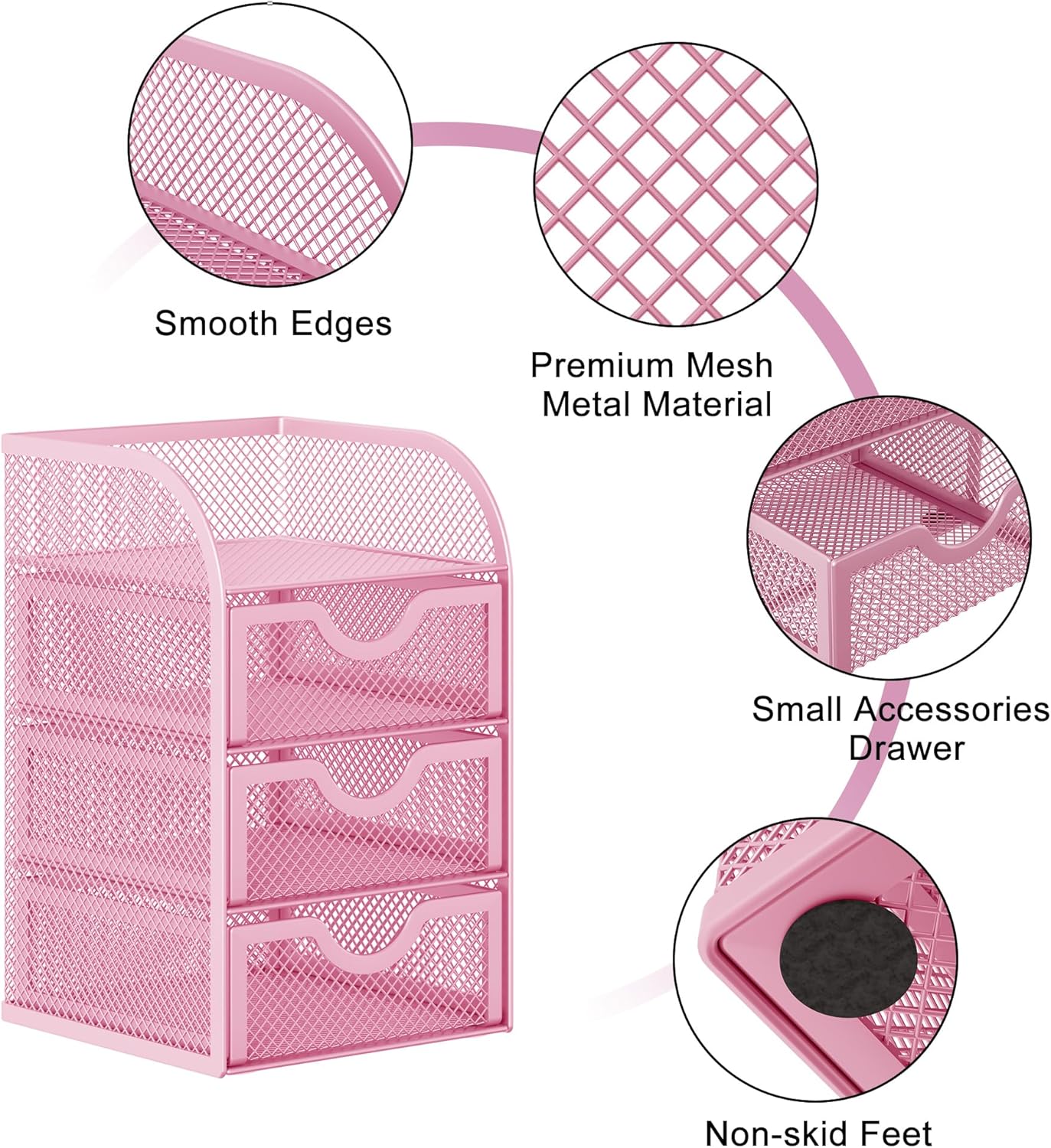 EasyPAG Mesh Desk Organizer with 3 Drawer Office Desktop Organizers and Accessories Stationery Caddy for Office, Home, Students, Pink