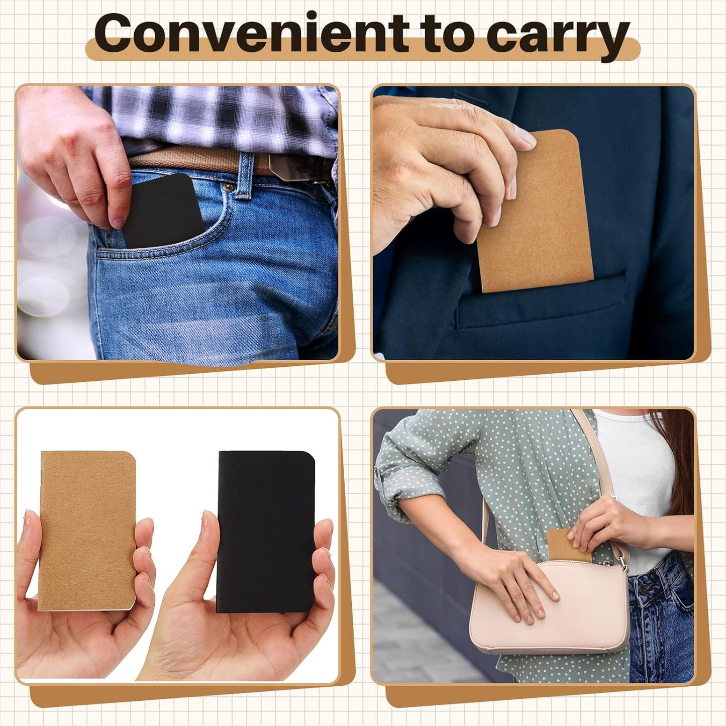 Outus 36 Pcs Pocket Notebook Mini Journal 2.5" x 4" Kraft Paper Mini Notepad Bulk Softcover Pocket Notepad Memo Diary Subject Notebooks for Student Traveler School(Brown Black, Blank Cover)