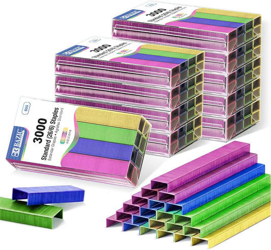 BAZIC Products Staples Standard 26/6 Metallic Color 3000/Pack Refill for Stapler, Ideal Office Staples for Home, School & Business, Assorted Colors, 24-Packs