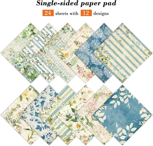 Floral Patterned Scrapbook Paper Pad - 24 Sheets 6x6 in Plant Designed Decorative Decoupage Folded Card Material Gift Wrapping Planners Junk Journal Supplies DIY Crafts Photo Album