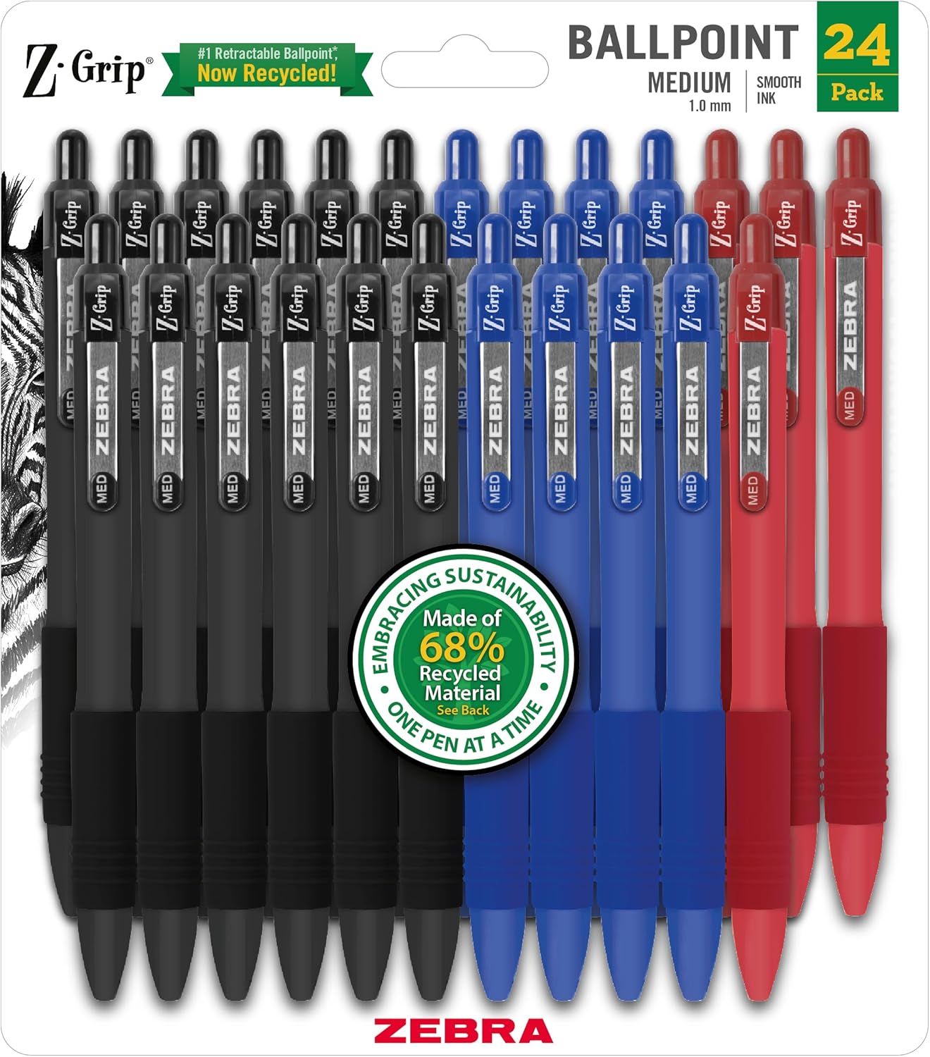 Zebra Pen Z-Grip Recycled Retractable Ballpoint Pens,1.0mm, Assorted Business Colors, Durable Metal Clip, 68% Recycled (GRS Certified; Global Recycled Standards), 24-Pack (20304)