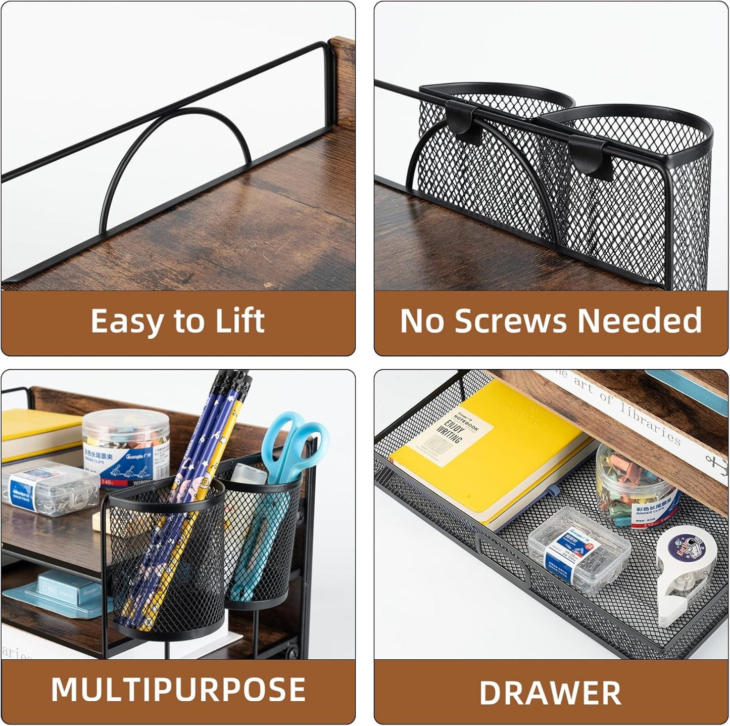 4 Tier Desk Organizers and Accessories, Paper Letter Tray Organizer,Vintage Wood Desk File Organizer with Drawer and 2 Pen Holders for School Home Office Supplies