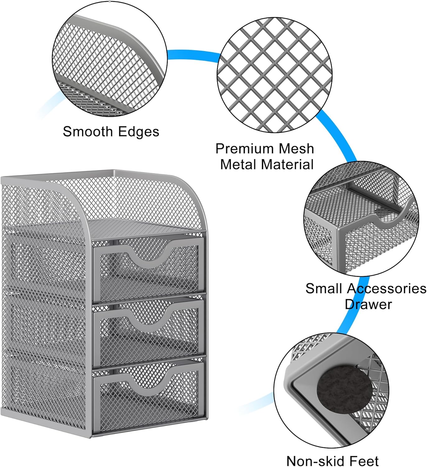 EasyPAG Mesh Desk Organizer with 3 Drawer Office Desktop Organizers and Accessories Stationery Caddy for Office, Home, Students, Silver