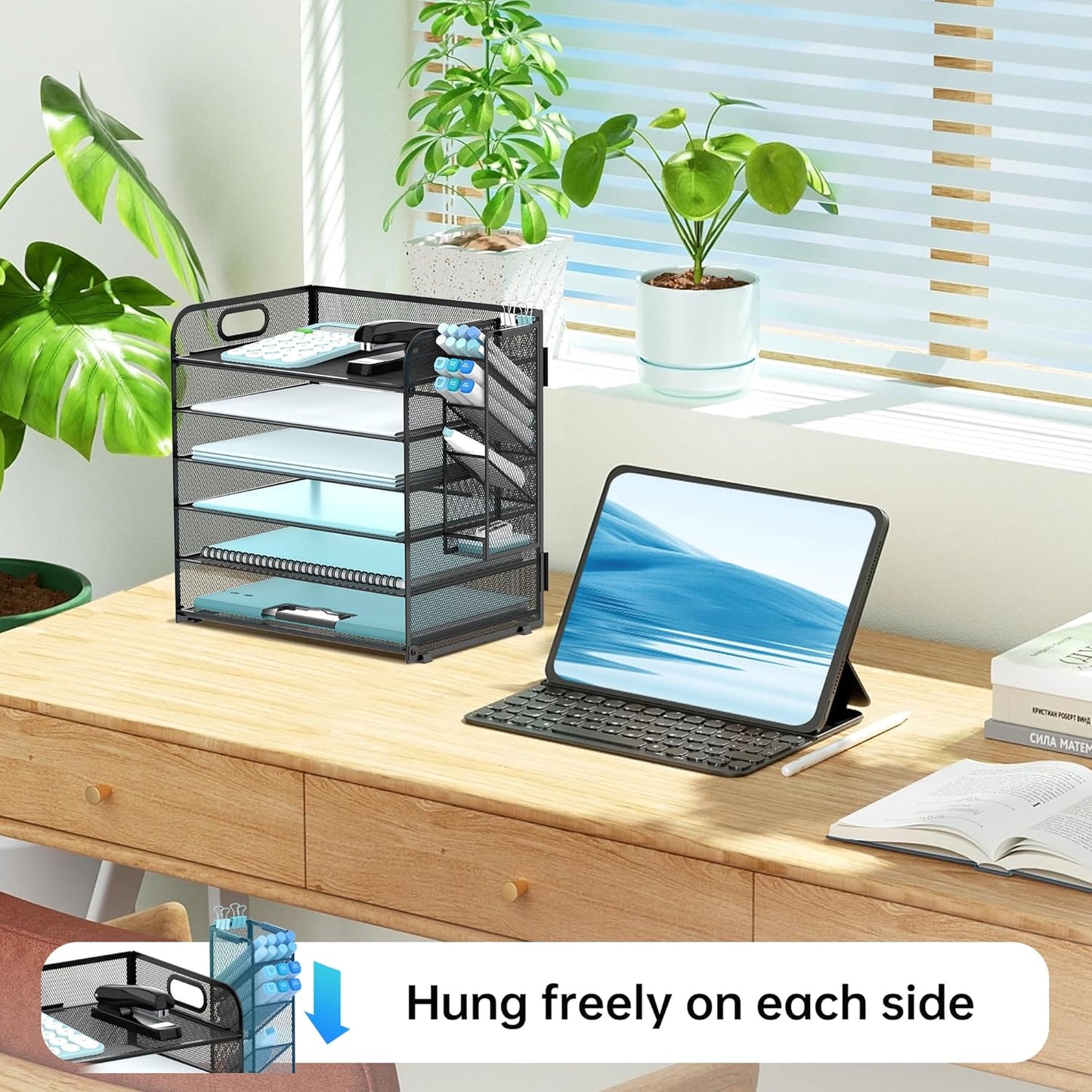 SUPEASY 6 Tier Desk Organizer with 4 Pen Holders, Mesh Paper Organizer Letter Tray with Handle, Desk Organizer Tray File Organizer for A4 File Folder, Black