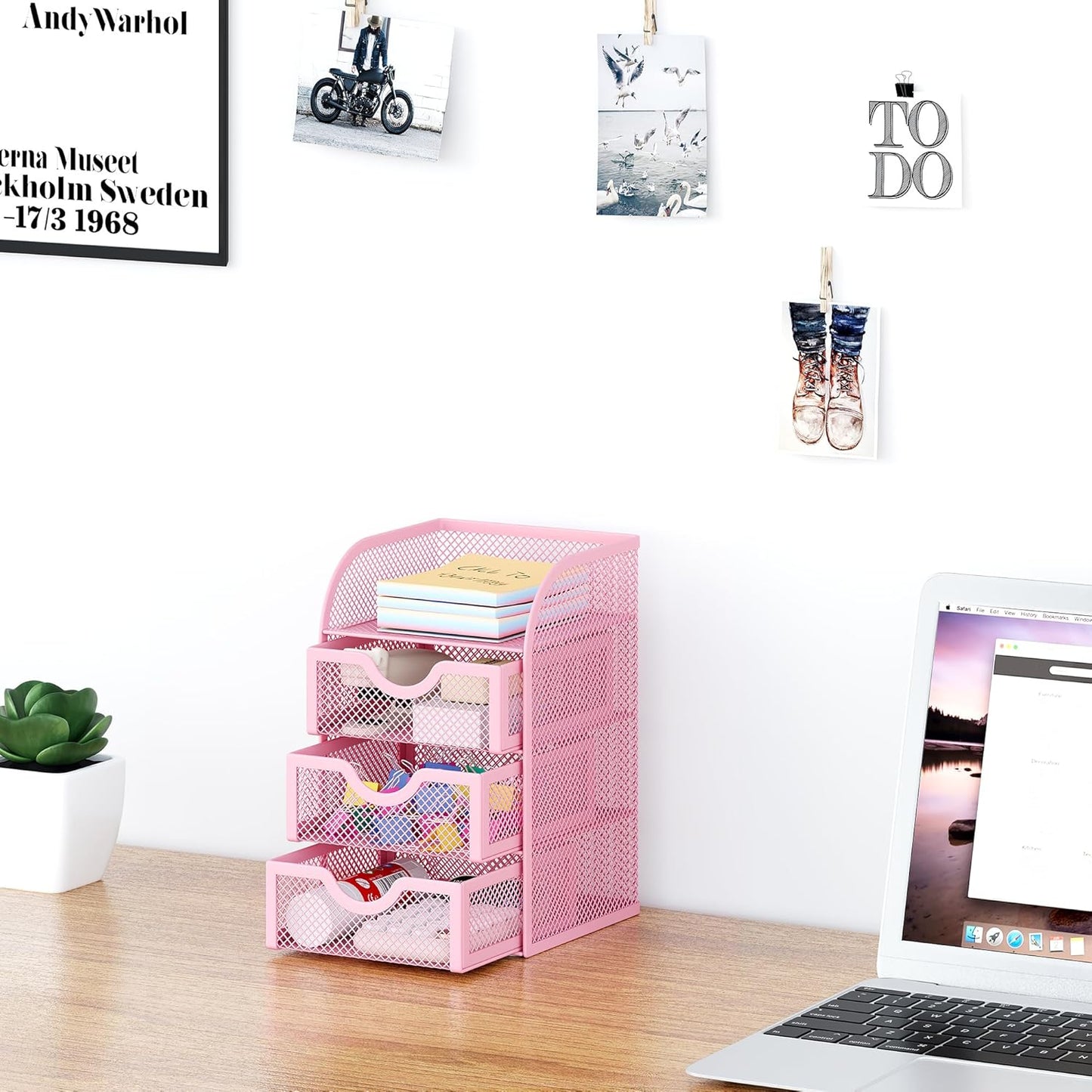 EasyPAG Mesh Desk Organizer with 3 Drawer Office Desktop Organizers and Accessories Stationery Caddy for Office, Home, Students, Pink