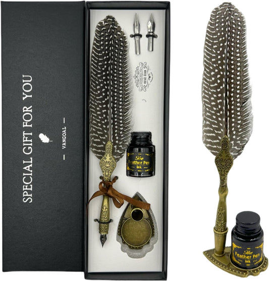 VANGOAL Vintage Feather Pen and Ink Set, Classic Series Pheasant Quill Pen with Carving Pen Stand, Calligraphy Pen Nibs, Black Dip Pen Ink, Antique Writing Gift for Writer