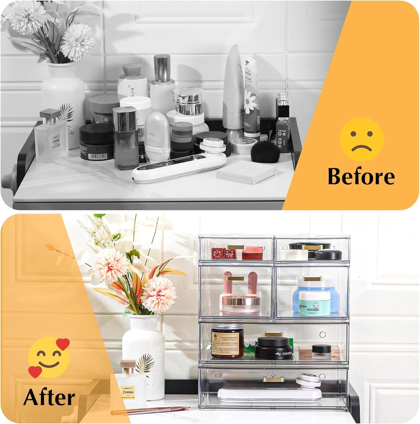 Stackable Storage Drawers, 6 Pack Clear Acrylic Organizer Bins with Golden Handles, Multi-Size Plastic Drawers for Makeup, Vanity, Kitchen, Bathroom, Office, Under Sink & Cabinet Organizatio