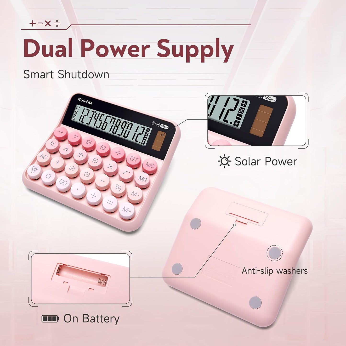 Mechanical Calculator,12 Digits, Large LCD Display,Big Buttons,Solar and Battery Dual Power Mechanical Keyboard Desktop Pink Calculators,Cute and Aesthetic (Pink, Large)
