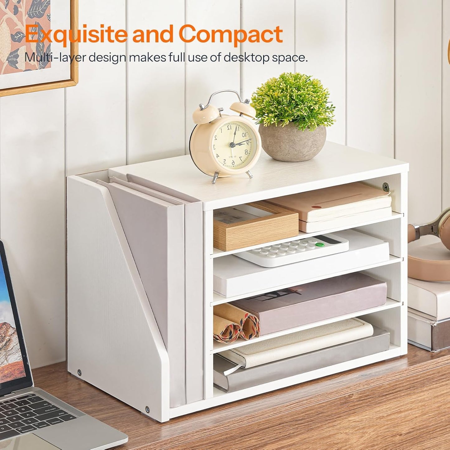 HOOBRO Mail Sorter, Literature Organizer with Adjustable Shelves, Paper Organizer for Office, Home, Wood Countertop File Holders, Mails, Magazines, White WT41WF01