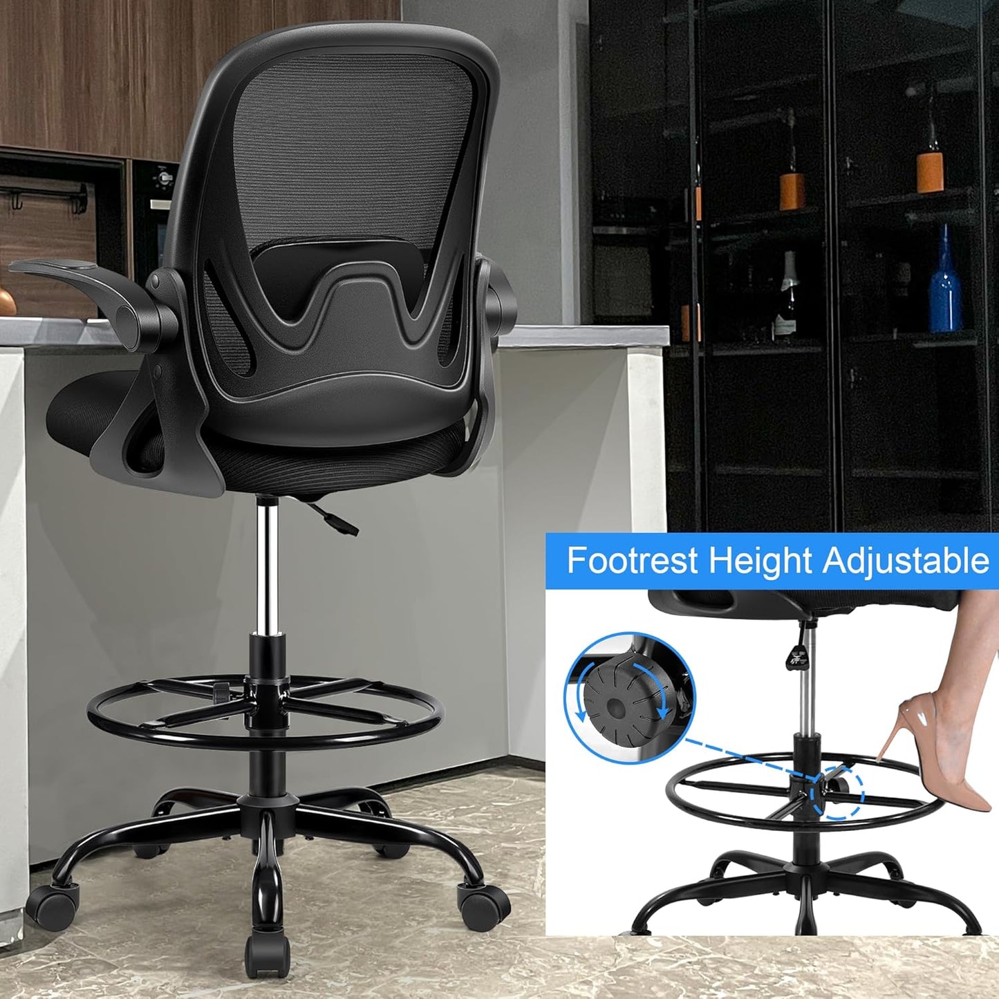 Drafting Chair Tall Office Chair with Flip-up Armrests, Adjustable Height, and Enhanced Lumbar Support - Ergonomic Rolling Stool, Back Support, and Adjustable Foot Rest Ring for Standing Desk Black