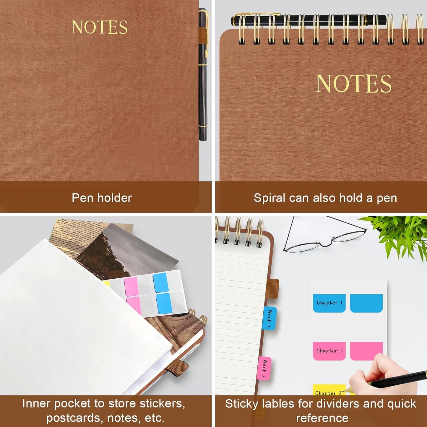 Aesthetic Top Spiral Notebook, A4 Large Linen Hardcover Top Bound Steno Pads, 240 Pages 100gsm Thick Lined Paper Left Handed Notebook Journal for Work, School, Church Writing - Brown, 8.5" x 11"