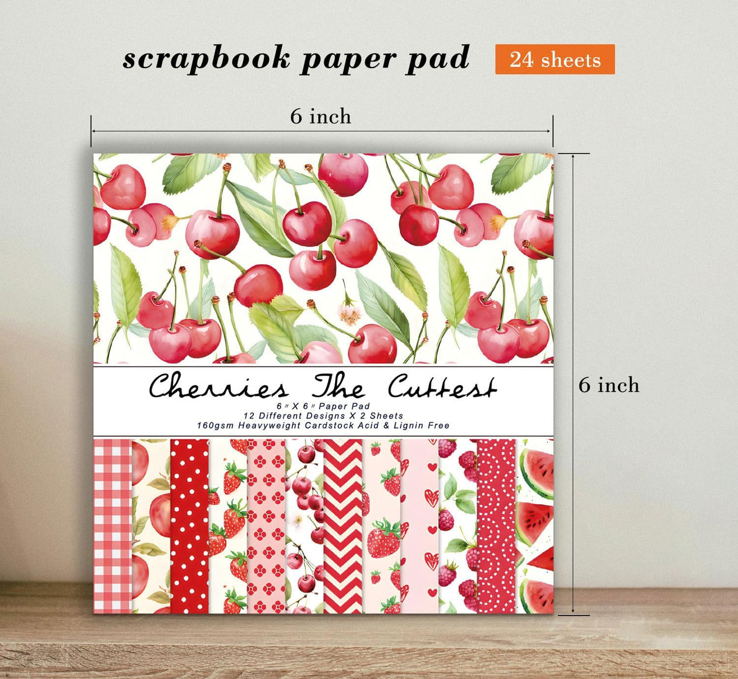 Fruit Scrapbook Paper Pad, 24 Sheets 6 x6 Inch Red Patterned Designed Decorative Decoupage for Card Making Folded Card Supplies Gift Wrapping Planners Journals DIY Crafts Photo Album