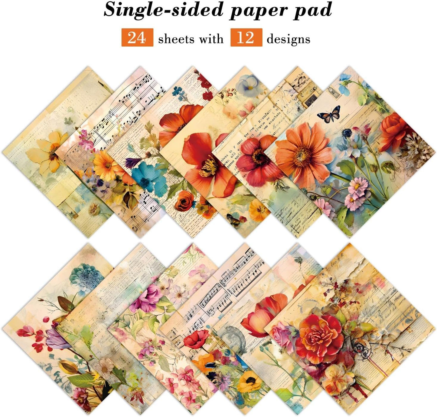 EAMOTOL Vintage Floral Scrapbook Paper Pad, 24 Sheets 6''x 6'' Flowers Patterned Designed Decorative Decoupage for Wedding Folded Card Material Gift Wrapping Planners Journals DIY Crafts Photo Album