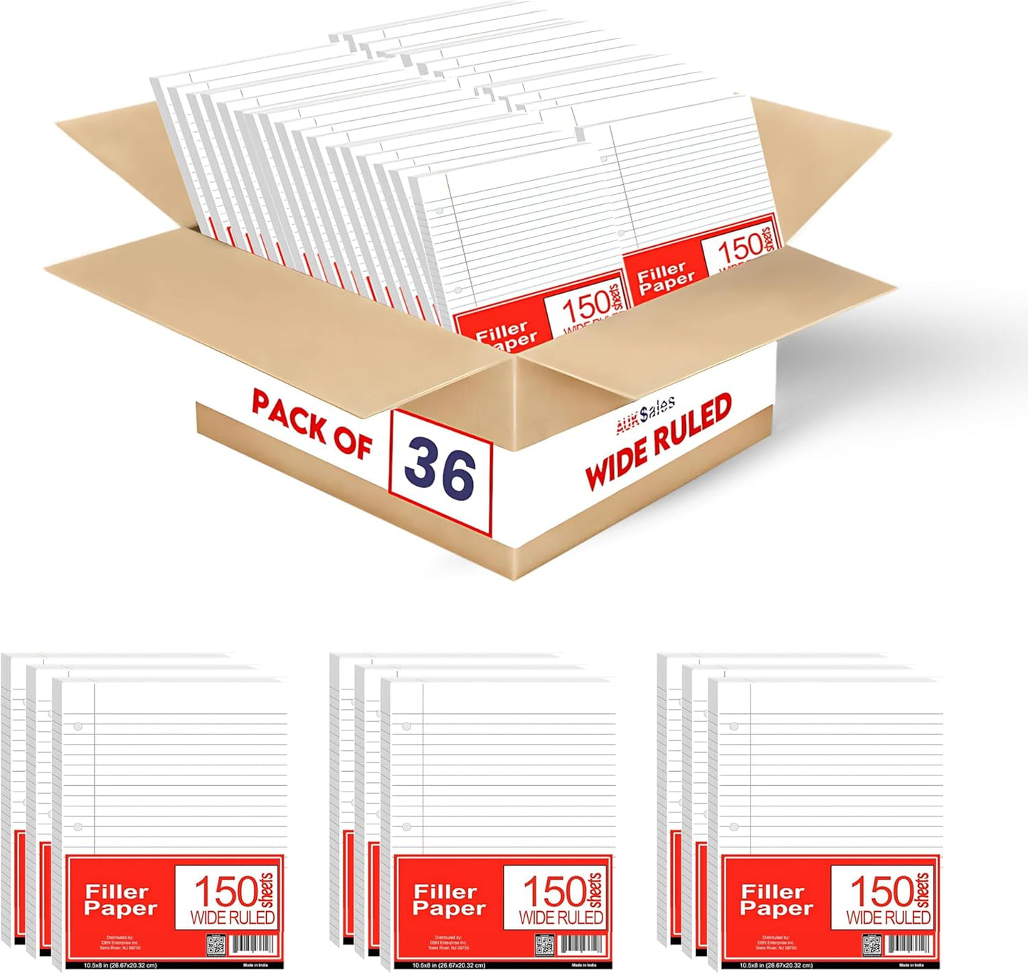 Loose Leaf Paper, Lined Notebook Paper, Wide Ruled Filler Paper, 150 Sheets, 3-Hole Punched, 10.5” x 8”, Binder Paper for Notetaking, Case Pack of 36