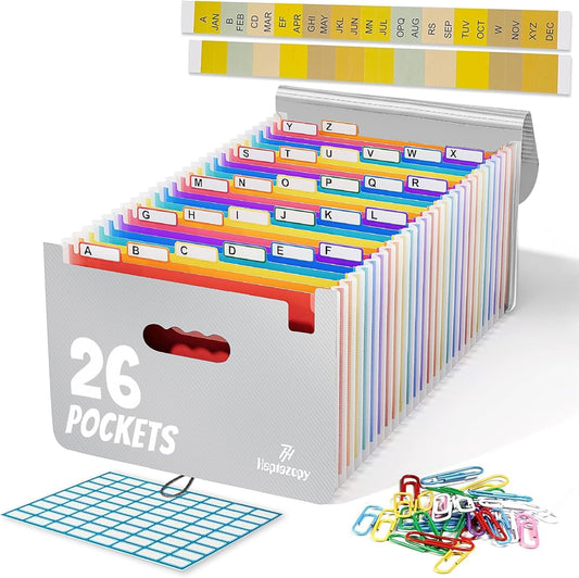 Plastic Accordion File Organizer, 26 Pockets Expandable File Folder Organizer, A4 Letter Size Filing Organizer with Colorful Tabs, Elastic Cord, 60 Paper Clip, Label & Stickers for Office School Home